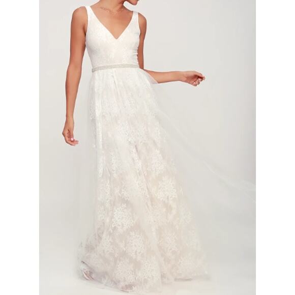 LULU'S  S Ivory Sweet Love Lace Beaded V-Neck Sleeveless Maxi Dress NEW B26 - Picture 1 of 9